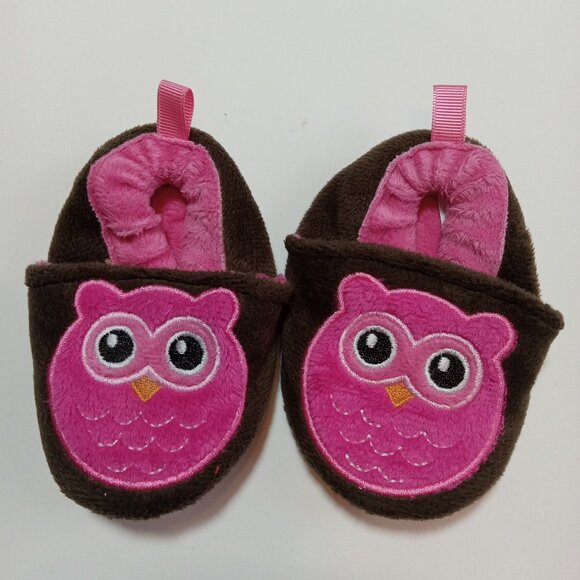 Owl Slippers Size 1 Brown Pink Soft Girls Child Toddler - Picture 1 of 8